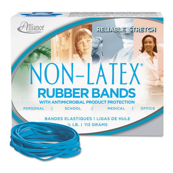 Alliance 42339 4 oz. Box Size 33 0.04 in. Gauge Antimicrobial Non-Latex Rubber Bands - Cyan Blue (1-Box)