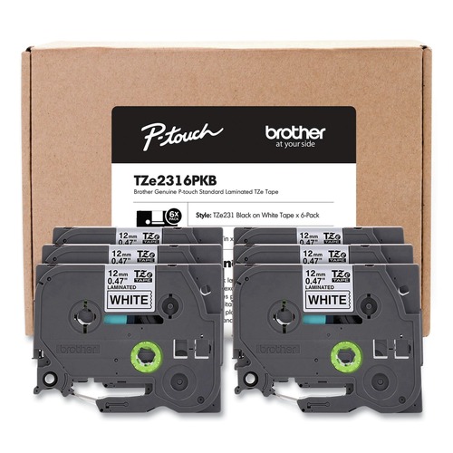 Tapes | Brother P-Touch TZE2316PKB 0.5 in. TZe Series Standard Adhesive Laminated Labeling Tape - Black on White (6/Pack) image number 0
