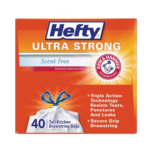 Trash Bags | Hefty E8-8338 Ultra Strong 23.75 in. x 24.88 in. 13 gallon Drawstring Extra Heavy-Duty Tall Kitchen Trash Bags - White (240/Carton) image number 0