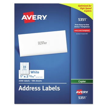 | Avery 05351 1 in. x 2.81 in. Copier Mailing Labels - White (33/Sheet, 100 Sheets/Box)