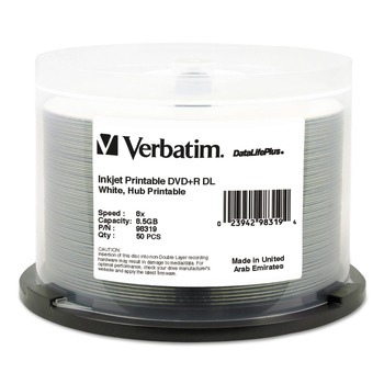 Verbatim 98319 Dvdplusr Dual Layer Recordable Disc, 8.5gb, 8x, Printable, Spindle (50/Pack)