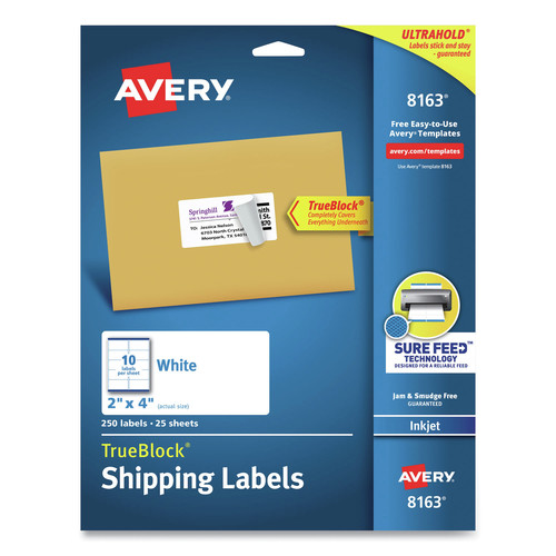 Labels | Avery 08163 2 in. x 4 in. Shipping Labels with TrueBlock Technology - White (250/Pack) image number 0