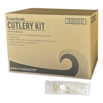 Boardwalk BWK4COMBOKITPP 4-Piece Mediumweight Polypropylene Plastic Fork/Knife/Napkin/Spoon Cutlery Kit - White (250/Carton)