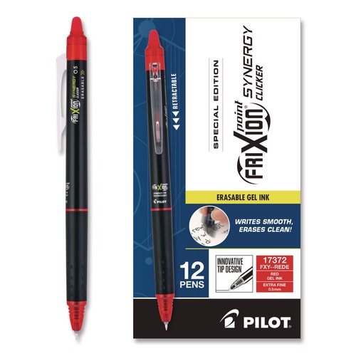 Pens | Pilot PIL17372 Frixion Synergy Clicker Erasable Gel Pen, Retractable, Extra Fine 0.5 mm, Red Ink, Black/Red Barrel, Dozen image number 0