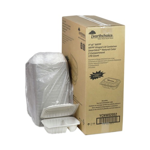 Food Trays, Containers, and Lids | Pactiv Corp. YCNW02052 2-Compartment 9 x 6 x 3.1 EarthChoice Vented Microwavable MFPP Plastic Hinged Lid Container - White (170/Carton) image number 0