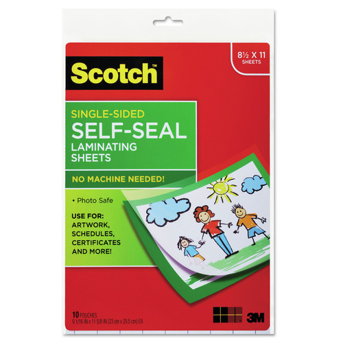 Labels | Scotch LS854SS-10 9.06 in. x 11.63 in. 6 mil Self-Sealing Laminating Sheets - Gloss Clear (10/Pack) image number 0