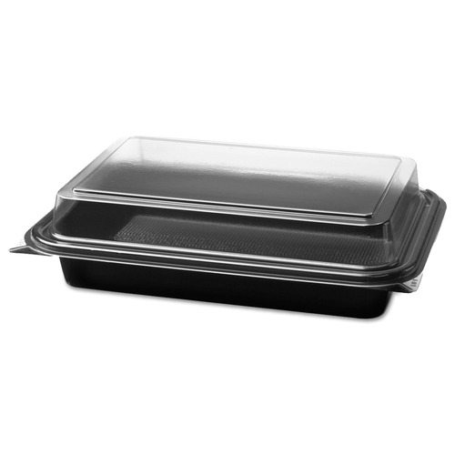 Food Trays, Containers, and Lids | SOLO 844012-PM94 Creative Carryouts 8.75 in. x 6.2 in. x 2.2 in. Hinged Plastic Hot Deli Boxes - Black/Clear (200/Carton) image number 0