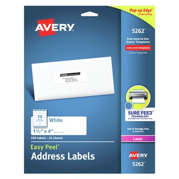 Avery 05262 Easy Peel 1.33 in. x 4 in. Address Labels with Sure Feed Technology - White (14/Sheet, 25 Sheets/Pack)