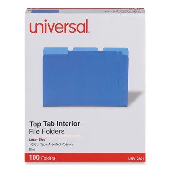 FILING AND FOLDERS | Universal UNV12301 1/3-Cut Tab Letter Size Interior File Folders - Blue (100/Box)