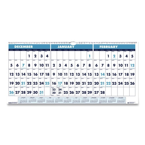 Bulletin Boards | House of Doolittle 3648 14-Month: Dec 2025 to Jan 2027 23.5 in. x 12 in. Horizontal Orientation Recycled Three-Month Format Wall Calendar - White Sheets image number 0