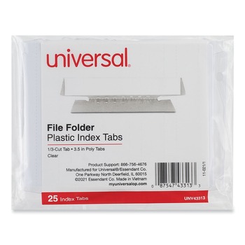 Universal UNV43313EE 3.7 in. Wide 1/3-Cut Hanging File Folder Plastic Index Tabs - Clear (25/Pack)