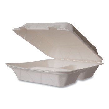 FOOD TRAYS CONTAINERS LIDS | Vegware VW-HC93NFA 5 in. x 9 in. x 2 in. Nourish Molded Fiber Compostable Sugarcane 3-Compartment Takeout Containers - White (200/Carton)