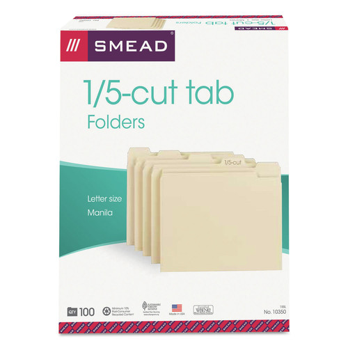 File Folders | Smead 10350 0.75 in. Expansion 1/5-Cut Tabs: Assorted Manila File Folders - Letter Size/Manila (100/Box) image number 0