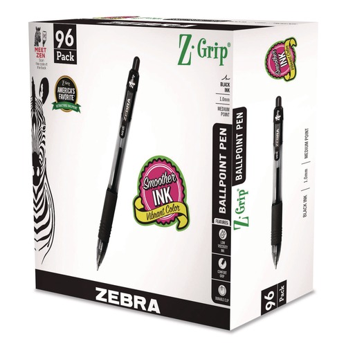 Pens | Zebra 22196 1 mm Z-Grip Retractable Ballpoint Pen - Medium/Black Ink/Clear/Black Barrel (96/Pack) image number 0