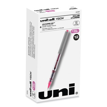 uni-ball 60384 VISION 0.7 mm Stick Roller Ball Pen - Pink Ink/Silver/Pink/Clear Barrel/Fine (1-Dozen)