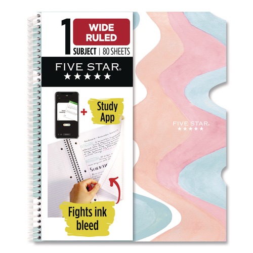Notebooks & Pads | Five Star 930060F Brushy Moves Pastel Waves Design Notebook with Study App, 1-Subject, Wide/Legal Rule, Assorted Cover Color, (80)11 x 8.5 Sheets image number 0