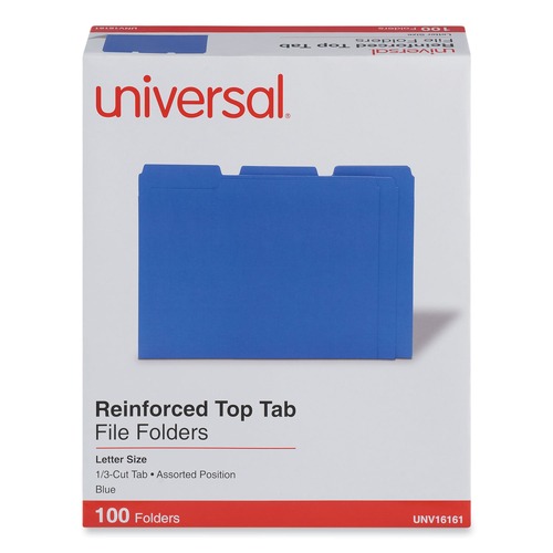 File Folders | Universal UNV16161 Reinforced 1/3-Cut Assorted Top-Tab File Folders - Letter Size, Blue (100/Box) image number 0