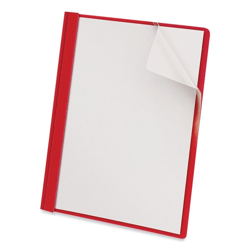 Report Covers & Pocket Folders | Universal UNV57123 0.5 in. Capacity 8.5 in. x 11 in. Prong Fastener Clear Front Report Cover - Clear/Red (25/Box) image number 0