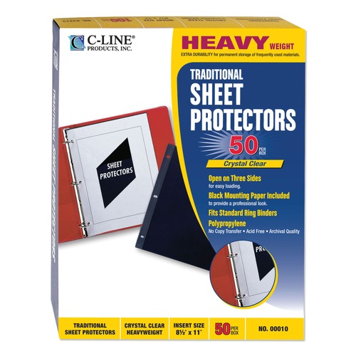 Sheet Protectors | C-Line 00010 3-Hole Punched Side/Side/Top Load 11 in. x 8-1/2 in. Insert Heavy-Duty Traditional Sheet Protectors - Clear Front (50/Box) image number 0