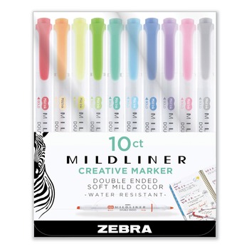 Zebra 78101 Bold-Chisel/Fine-Bullet Tips Mildliner Double Ended Highlighter - Assorted Ink/Barrel Colors (10-Piece/Set)