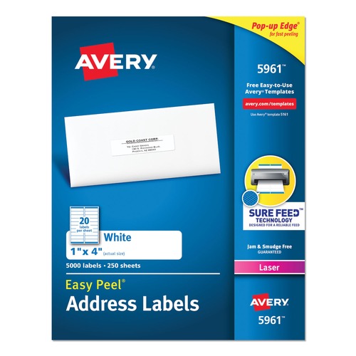 Just Launched | Avery 05961 1 in. x 4 in. Laser Printers Easy Peel Address Labels with SureFeed Technology - White (5000/Box) image number 0