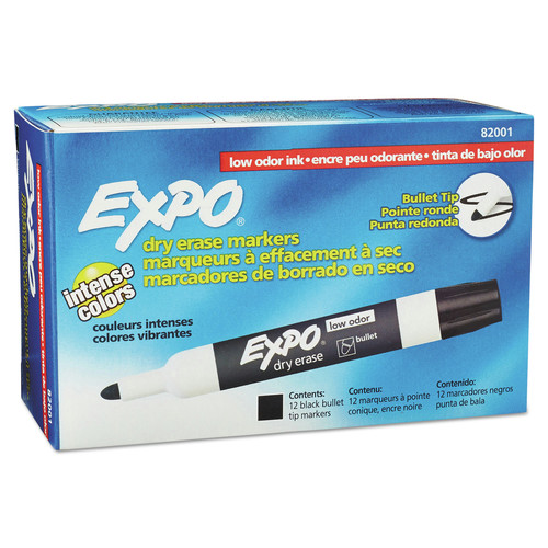 Washable Markers | EXPO 82001A Low-Odor Bullet Tip Dry-Erase Marker - Medium/Black (1-Dozen) image number 0