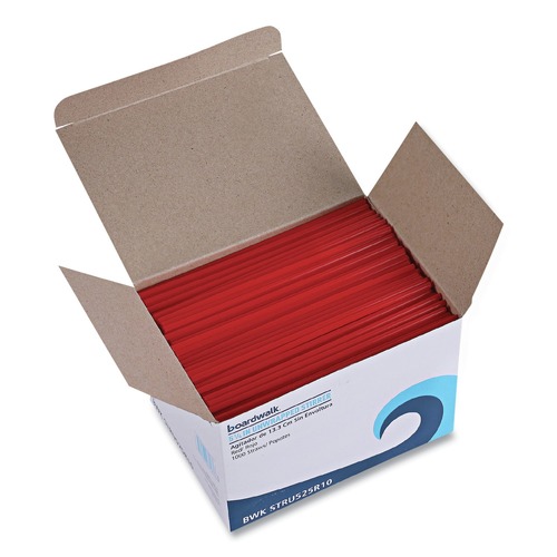 Cutlery | Boardwalk BWKSTRU525R10 5.25 in. Polypropylene Single-Tube Stir-Straws - Red (10000/Carton) image number 0