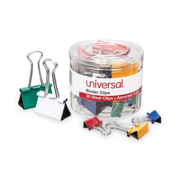 Universal UNV31026 Binder Clips with Storage Tub - Assorted (30/Pack)