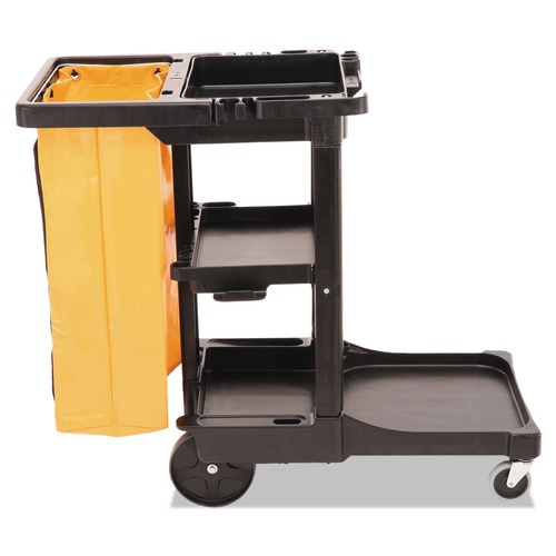 Just Launched | Rubbermaid Commercial FG617388BLA 20 in. x 45 in. x 38.25 in. 4 Shelves 1 Bin Plastic Multi-Shelf Cleaning Cart - Black image number 0
