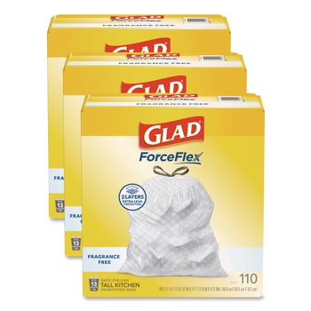  | Glad 22541 ForceFlex Kitchen Drawstring Trash Bags, Drawstring, 13 gal, Unscented, 23.47 x 25.38, White, 110 Bags/Box, 3 Boxes/Carton