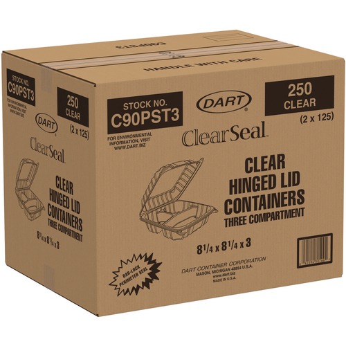  | Dart C90PST3 ClearSeal 8.25 in. x 8.25 in. x 3 in. Hinged-Lid Plastic Containers - Clear (250/Carton) image number 0