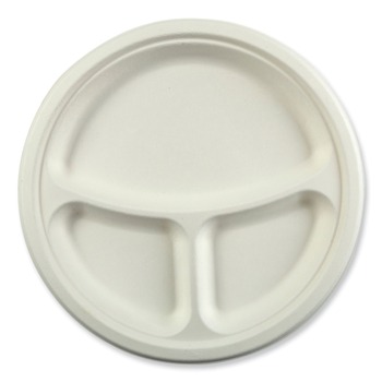 AmerCareRoyal PL-11-NPFA 10.24 in. Diameter 3-Compartment Bagasse PFAS-Free Plate Dinnerware - White (500/Carton)