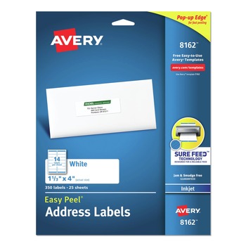 Avery 08162 1.33 in. x 4 in. Easy Peel White Address Labels with Sure Feed Technology - White (350/Pack)