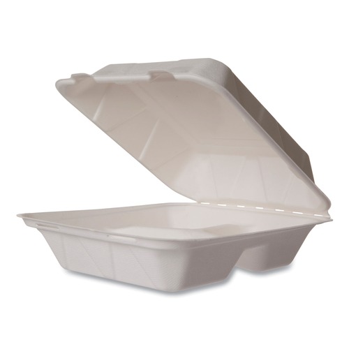Food Trays, Containers, and Lids | Vegware WHBRG-8-3 HW 7.9 in. x 7.9 in. x 2.9 in. Molded Fiber Compostable Sugarcane 3-Compartment Clamshell Containers - White (200/Carton) image number 0