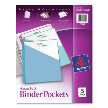 Avery 75254 9.25 in. x 11 in. 3-Hole Punched Binder Pockets - Assorted Colors (5/Pack)