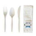 Cutlery | Boardwalk BWK6COMBOKITPP 5.86 in. 6-Piece Mediumweight Plastic Cutlery Fork/Knife/Napkin/Pepper/Salt/Spoon Kit - White (250/Carton) image number 1