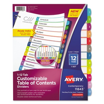 Avery 11843 1 - 12 Tab 11 in. x 8.5 in. Customizable TOC Ready Index Divider Set - Multicolor (1 Set)
