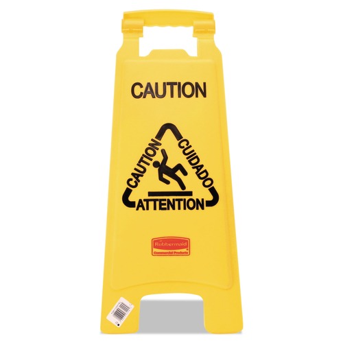 Just Launched | Rubbermaid Commercial FG611200YEL 11 in. x 12 in. x 25 in. Multilingual "Caution" Floor Sign - Bright Yellow image number 0