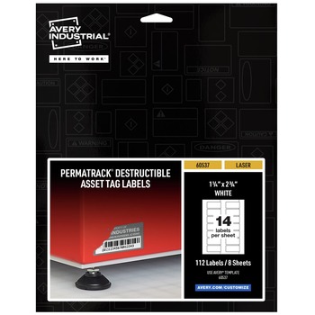 LABELS AND LABEL MAKERS | Avery 60537 1.25 in. x 2.75 in. PermaTrack Destructible Asset Tag Labels - White (14/Sheet, 8 Sheets/Pack)