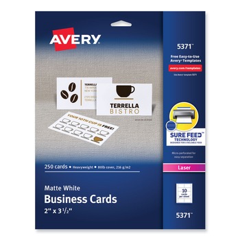 Avery 05371 2 in. x 3.5 in. Printable Microperforated Business Cards with Sure Feed Technology for Laser Printers - White (250 Cards, 10/Sheet, 25 Sheets/Pack)