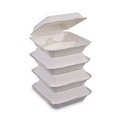 Food Trays, Containers, and Lids | Boardwalk HL-93BW 9 in. x 9 in. x 3.19 in. 3-Compartment Hinged-Lid Sugarcane Bagasse Food Containers - White (100/Sleeve, 2 Sleeves/Carton) image number 1