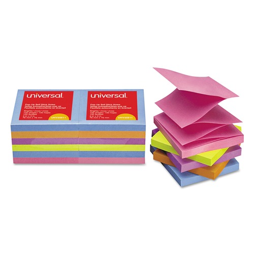 Sticky Notes & Post it | Universal UNV35611 100 Sheet 3 in. x 3 in. Fan-Folded Self-Stick Pop-Up Note Pads - Assorted Bright Colors (12/Pack) image number 0