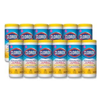 Clorox 01594 7 in. x 8 in. 1-Ply Disinfecting Wipes - Crisp Lemon, White (35/Canister, 12 Canisters/Carton)