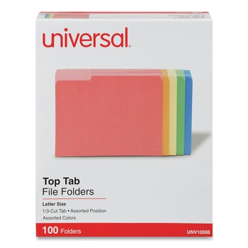 FILE FOLDERS | Universal UNV10506EE Deluxe Colored 1/3-Cut Top Tab Letter Size File Folders - Assorted (100/Box)