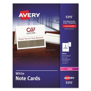  | Avery 05315 80 lbs. 4.25 in. x 5.5 in. Note Cards with Matching Envelopes for Laser Printers - Uncoated White (60 Cards, 2 Cards/Sheet, 30 Sheets/Box)