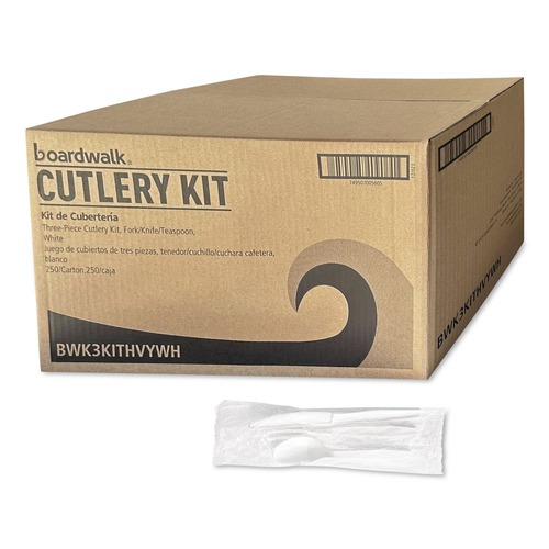 Cutlery | Boardwalk BWK3KITHVYWH 3-Piece Polystyrene Fork/Knife/Teaspoon Cutlery Kit - White (250/Carton) image number 0