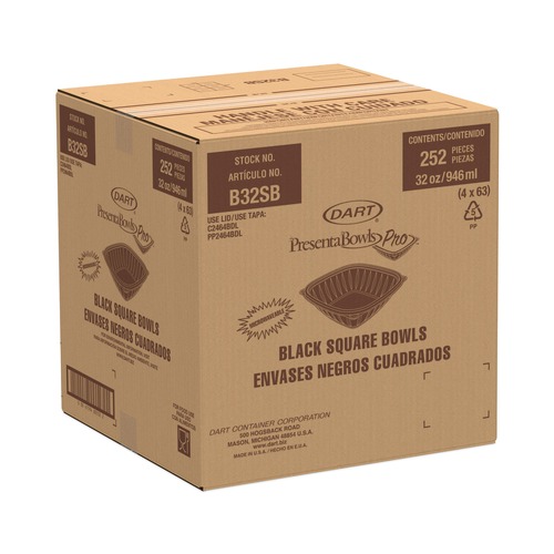 Bowls and Plates | Dart B32SB PresentaBowls Pro 8.5 in. x 8.5 in. x 2 in. 32 oz. Plastic Square Bowls - Black (4/Carton) image number 0