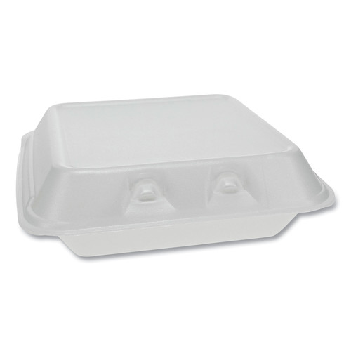 Food Trays, Containers, and Lids | Pactiv Corp. YHLW07010000 7.5 x 8 x 2.63 SmartLock Foam Hinged Lid Container - Small/White (150/Carton) image number 0