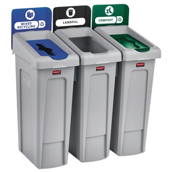 TRASH WASTE BINS | Rubbermaid Commercial 2007918 Slim Jim 69 gal. 3 Stream Landfill/Mixed Recycling/Compost Recycling Station Kit - Gray