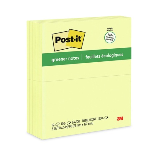 Notebooks & Pads | Post-it Greener Notes 655-RP 3 in. x 5 in. Original Recycled Note Pads - Canary Yellow (12/Pack) image number 0